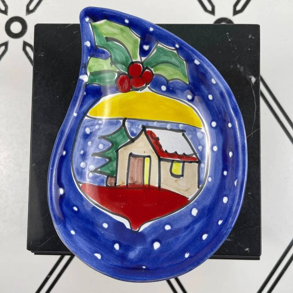 Vintage Made in Italy Ceramic Christmas Trinket Dish Winter Cottage Scene Blue
